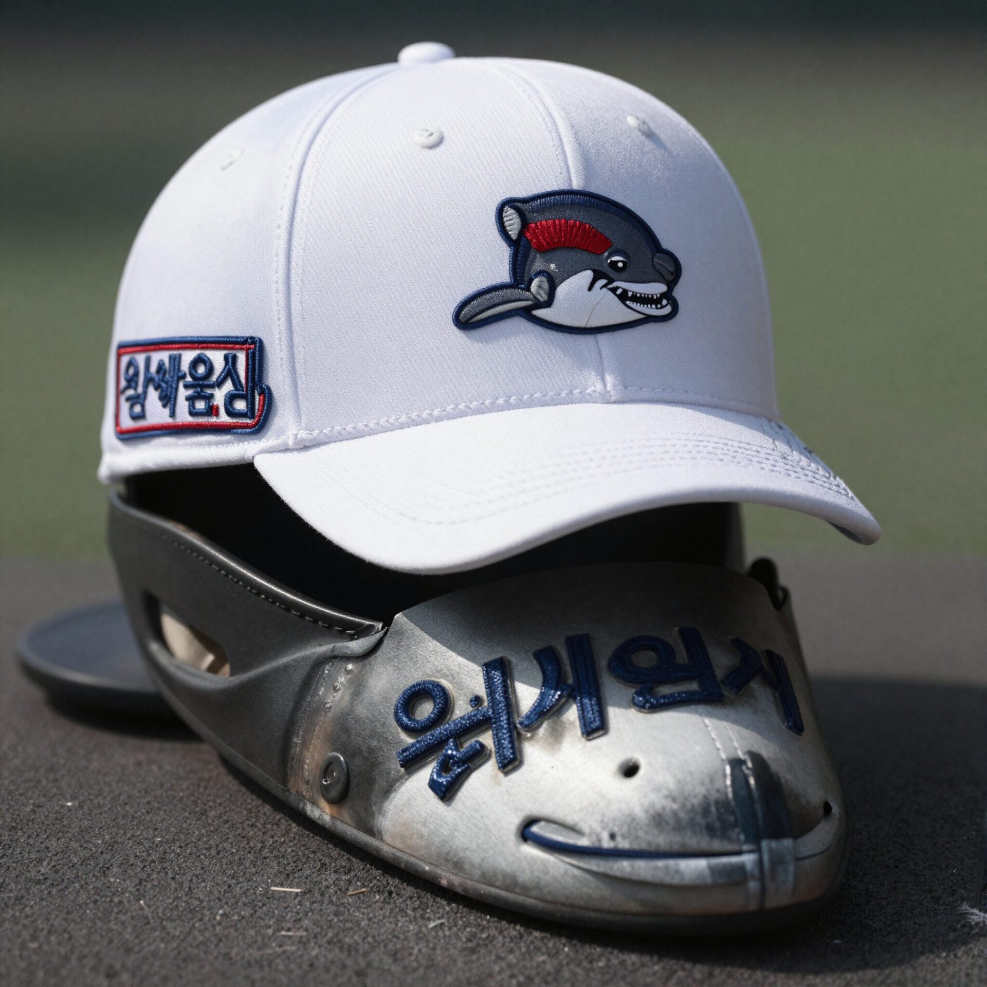 울산웨일즈 범고래 엠블럼이 새겨진 야구 모자와 유니폼