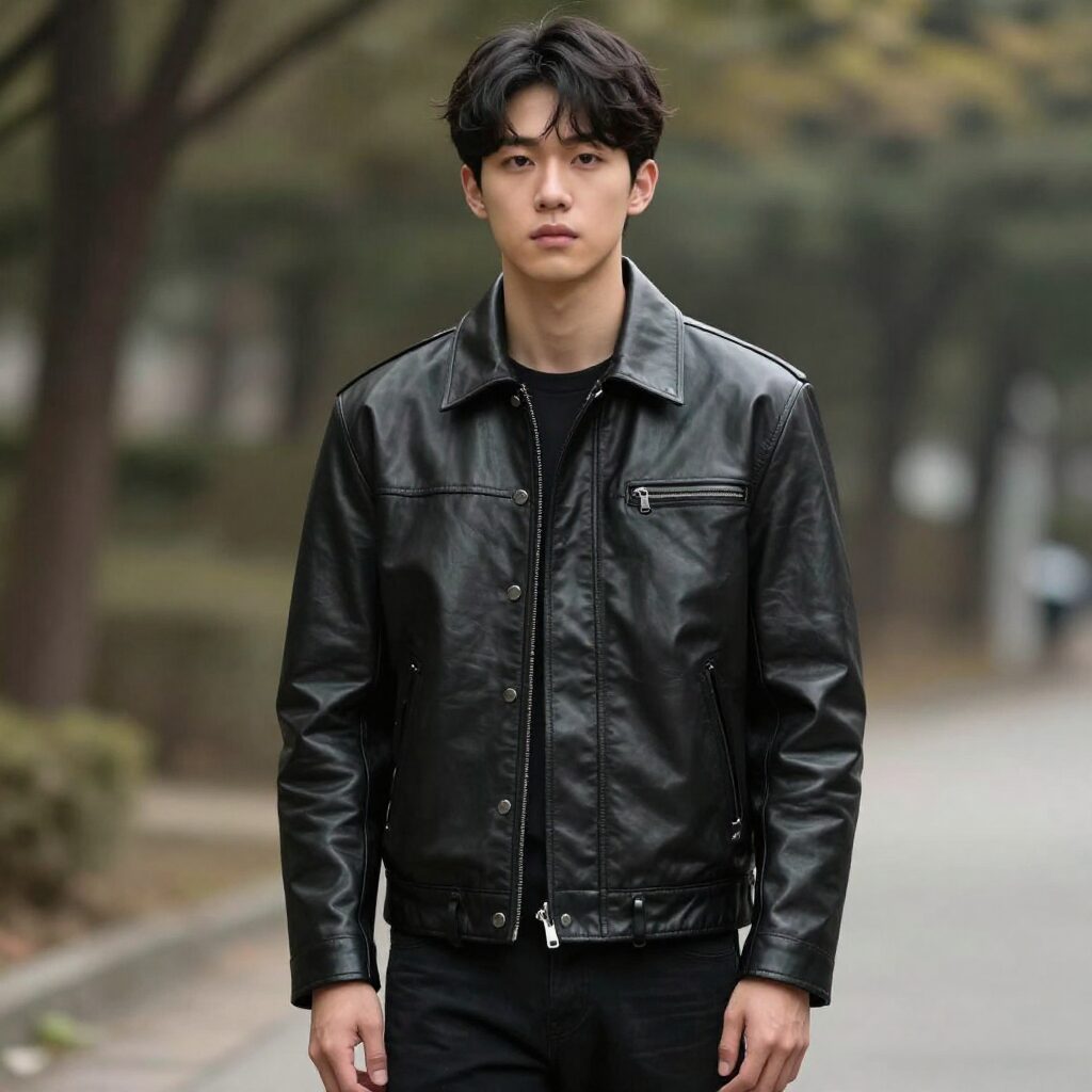 블랙 비건 레더로 제작된 깔끔한 실루엣의 남자 라이더 자켓