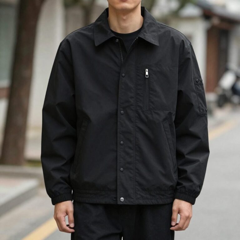 보브 레더 버클 루즈 숏 자켓을 입은 스타일링. 블랙 컬러의 숏 자켓으로 캐주얼하면서도 세련된 느낌을 줌.