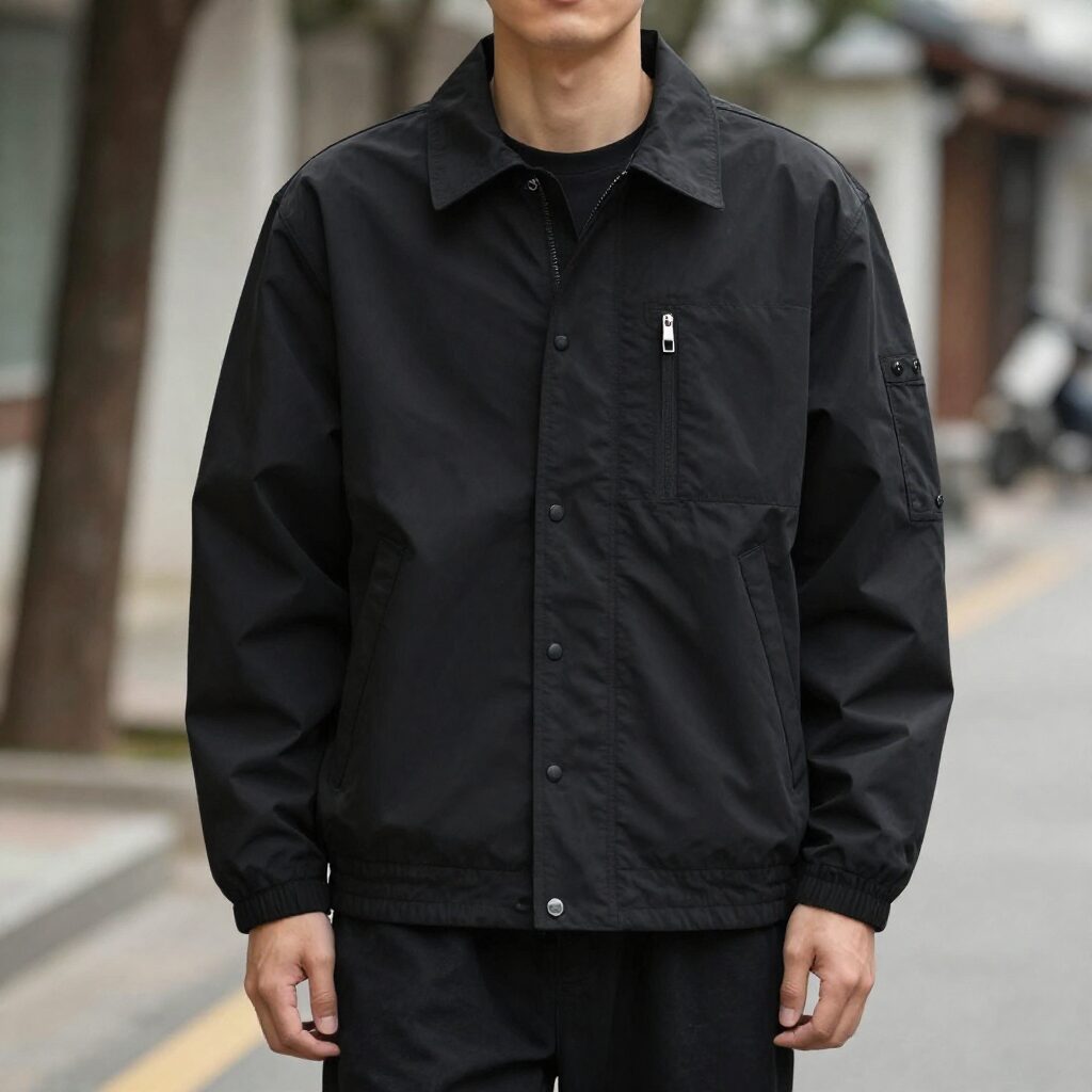 보브 레더 버클 루즈 숏 자켓을 입은 스타일링. 블랙 컬러의 숏 자켓으로 캐주얼하면서도 세련된 느낌을 줌.