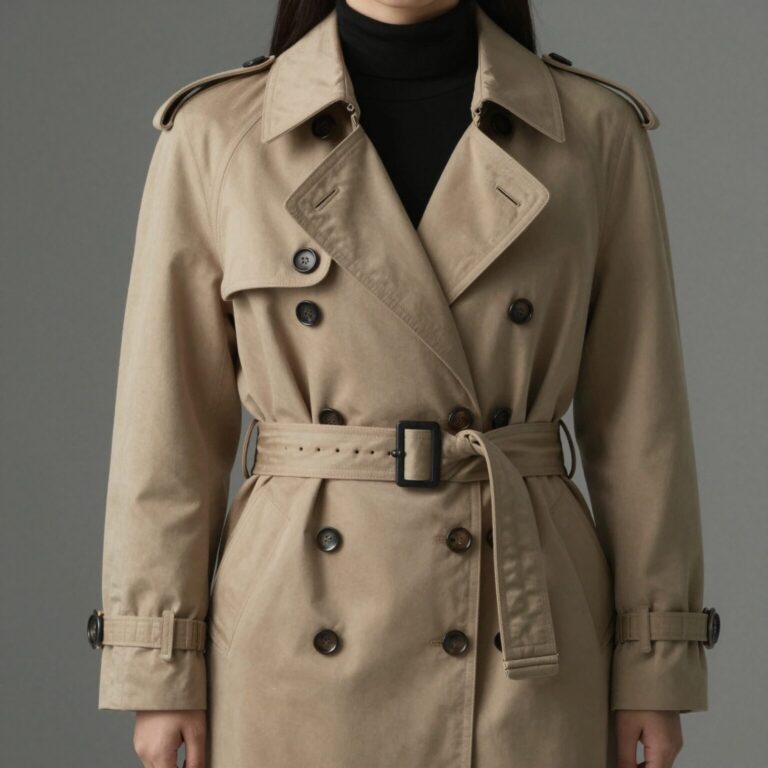 벨트를 매고 핀 VOV 트렌치 코트를 입은 모습