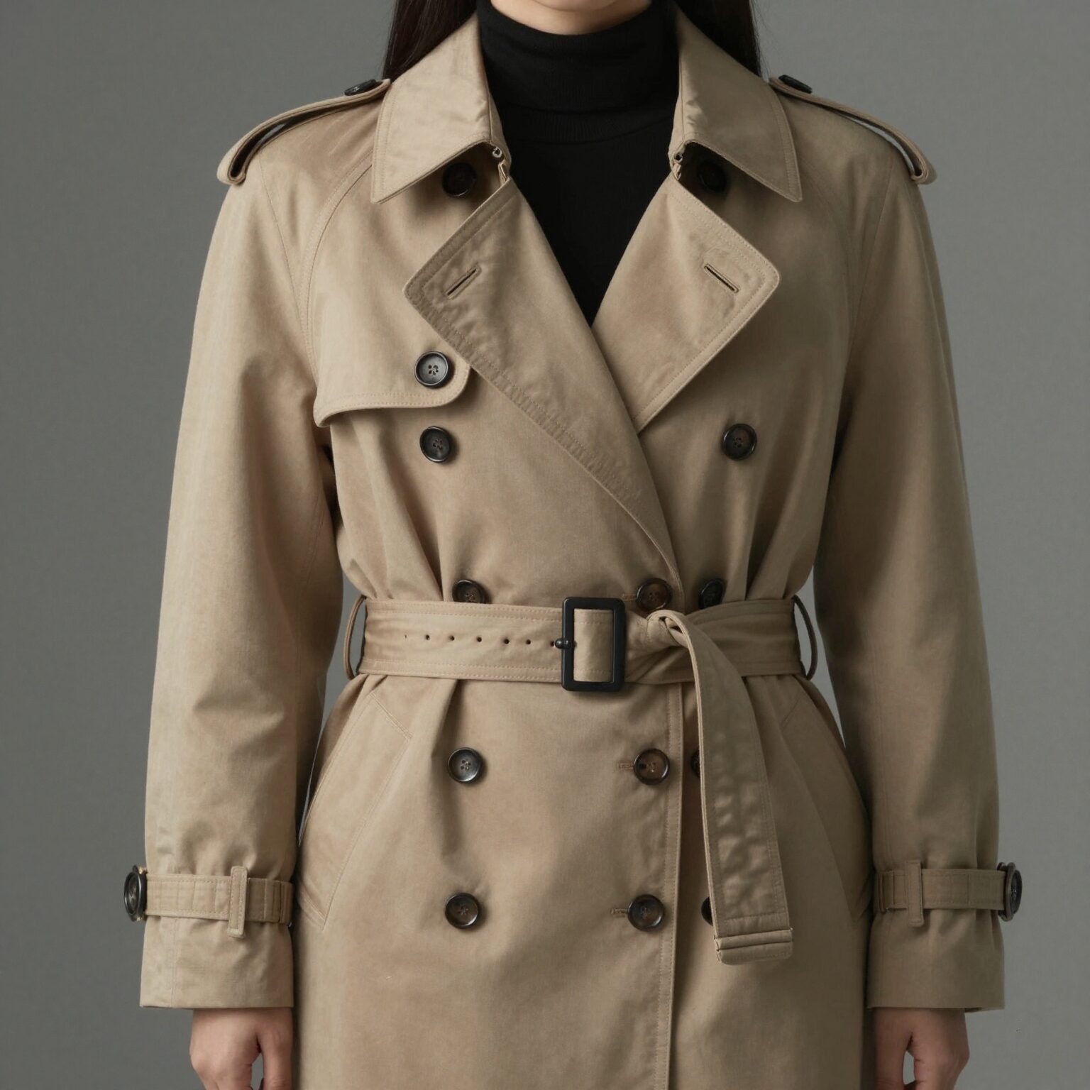 벨트를 매고 핀 VOV 트렌치 코트를 입은 모습