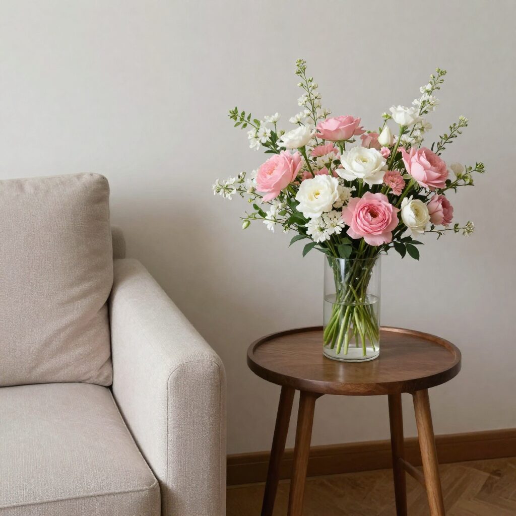 거실 소파 옆 사이드 테이블 위에 놓인 핑크와 화이트 왁스플라워 화분 장식