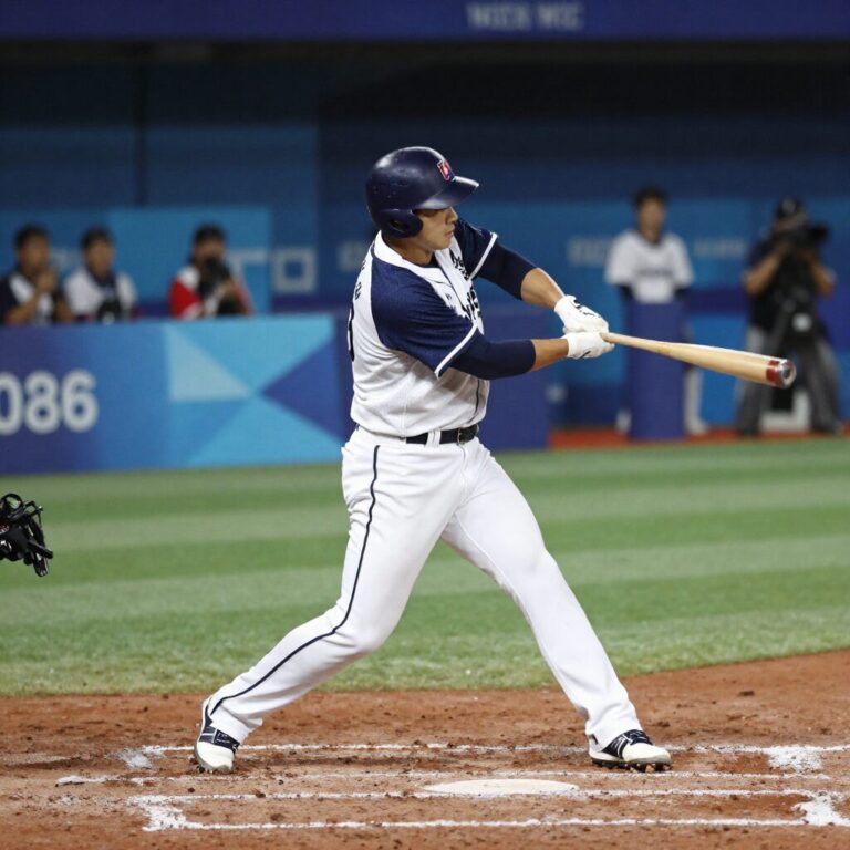 2026 WBC 8강전 한국 대 도미니카 공화국 경기 장면에서 한국 선수가 배트를 휘두르는 모습