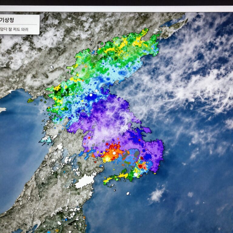 기상청 날씨누리 홈페이지의 위성 영상 화면 캡처, 한반도 주변의 구름 분포를 색깔로 보여줌
