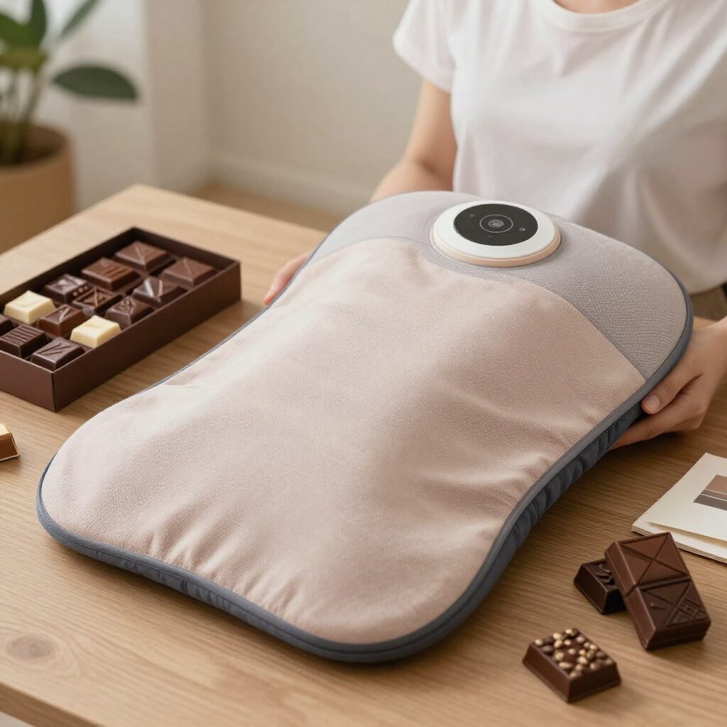 화이트데이 선물로 추천되는 복부 온열찜질기와 초콜릿 세트가 놓인 테이블 사진