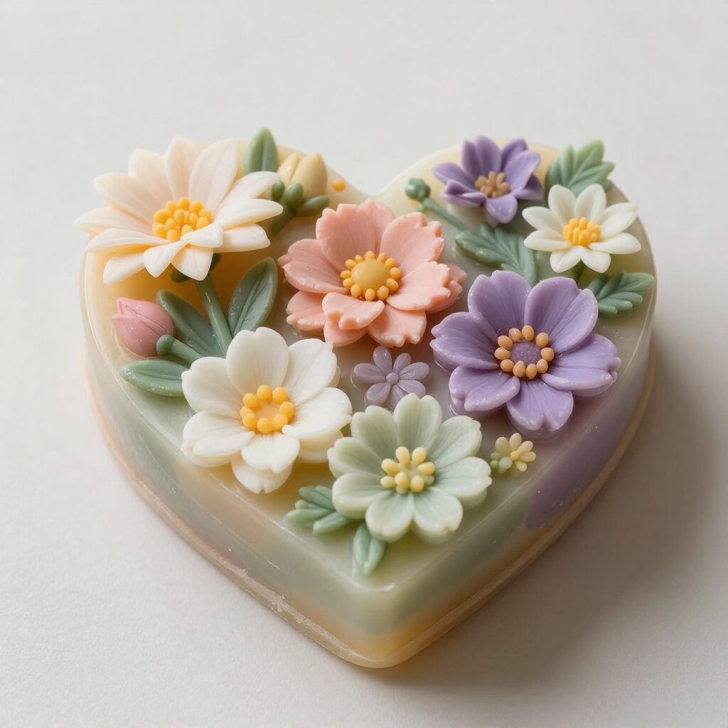 하트 모양으로 포장된 고급스러운 비누꽃다발