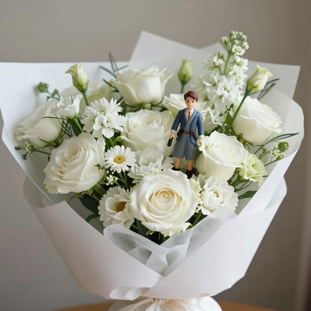 인형과 신선한 꽃으로 구성된 화이트데이 꽃다발이 예쁜 포장지에 담겨 있는 모습