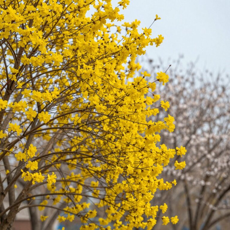 봄에 노란 꽃이 핀 황매화 나무 가지