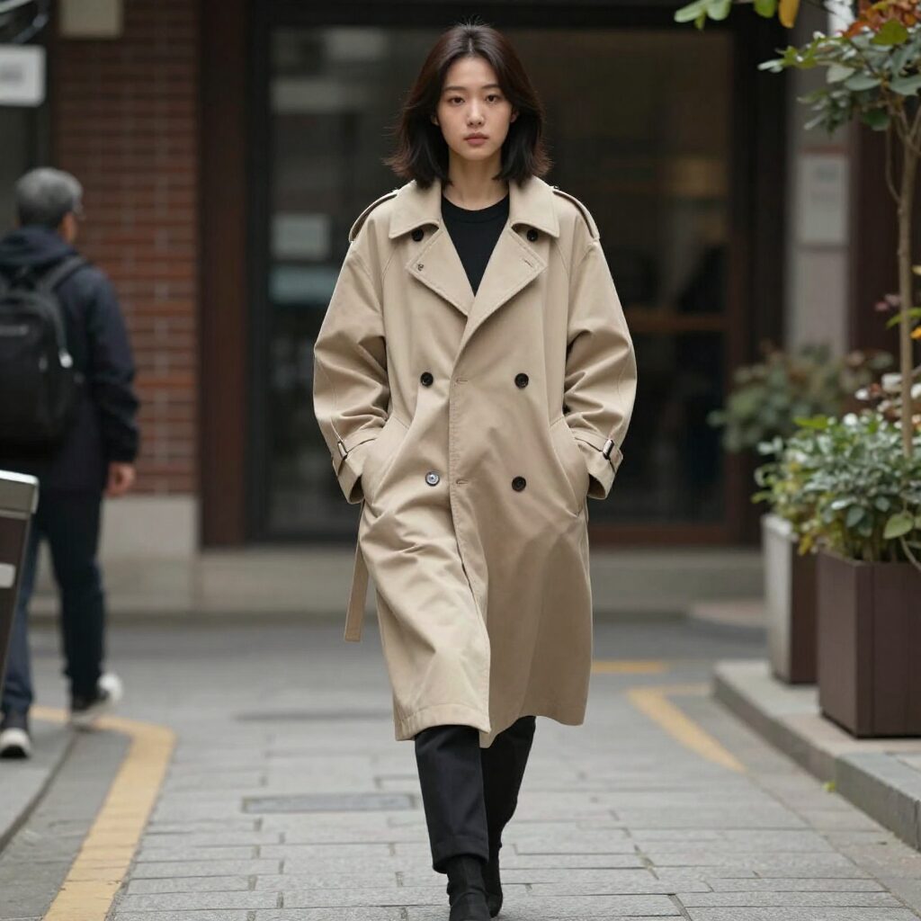 숏 후드가 달린 베이지색 여성 바바리 코트를 입고 거리를 걷는 모습