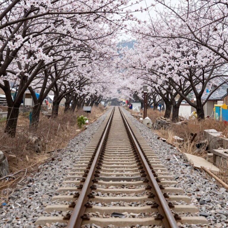 양산 원동 순매원의 봄 풍경, 매화나무와 철길이 보이는 전망