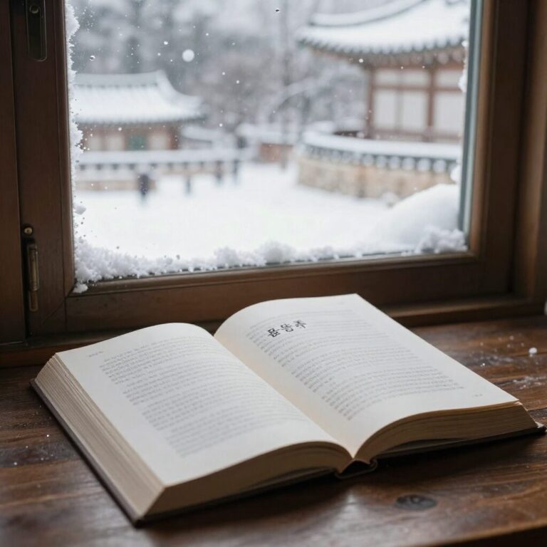 윤동주 동시집이 펼쳐져 있는 책상과 겨울 눈 내리는 창밖 풍경