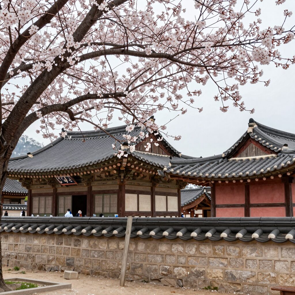 순천 선암사 만개한 겹벚꽃과 전통 사찰 건물이 조화를 이루는 봄 풍경