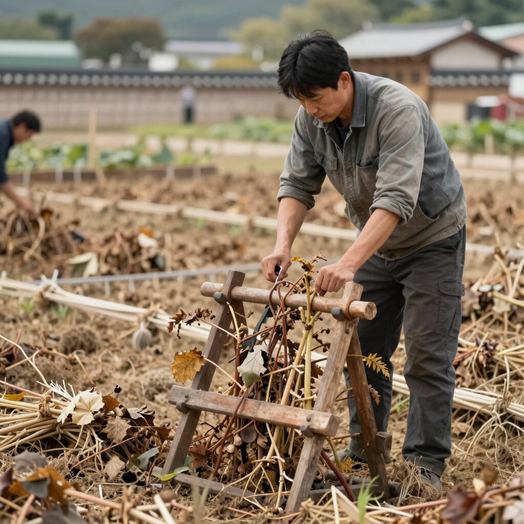엉개나물 수확용 기구로 높은 가지의 엉개를 따는 모습