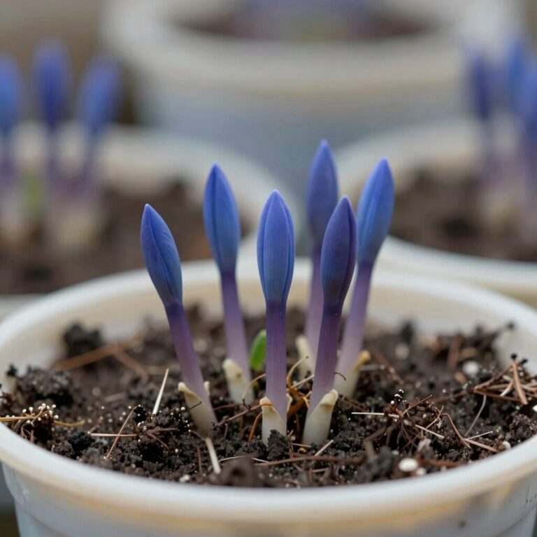 화분에 심겨진 산마늘 모종의 가까운 모습, 푸른 싹이 돋아나고 있음