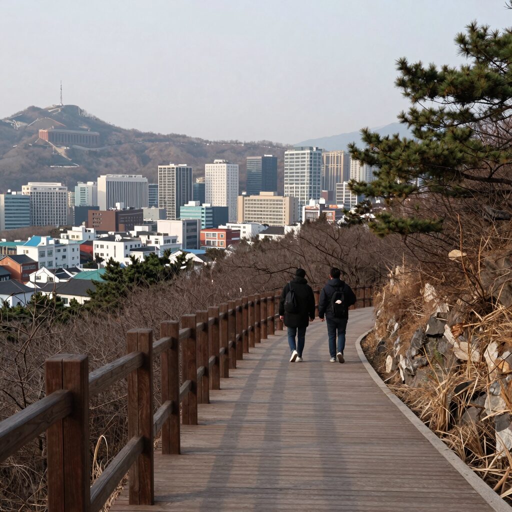 안산자락길 데크길에서 바라본 서울 도심과 인왕산 전망