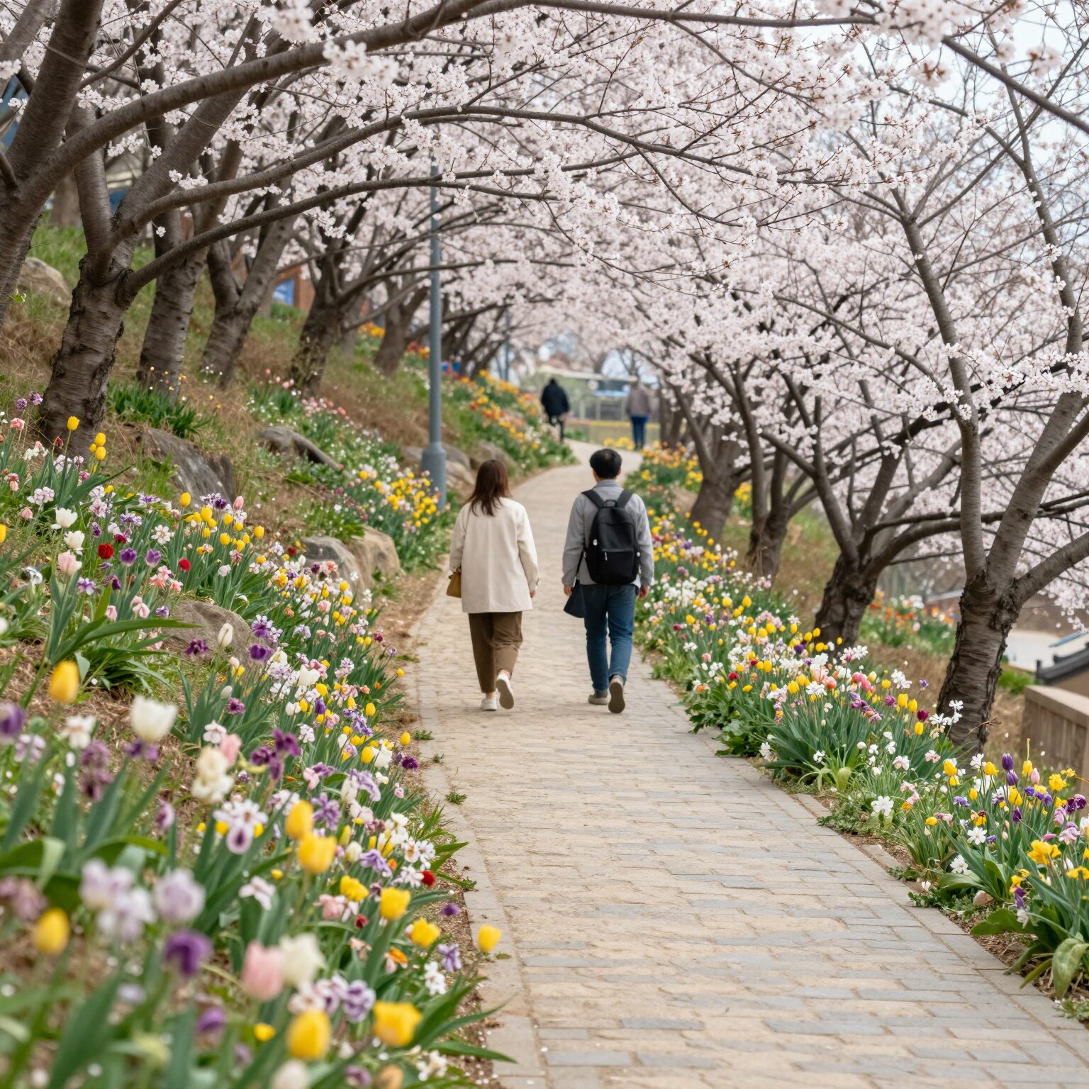 서대문 안산 자락길 데크길과 봄철 피어난 꽃들 풍경