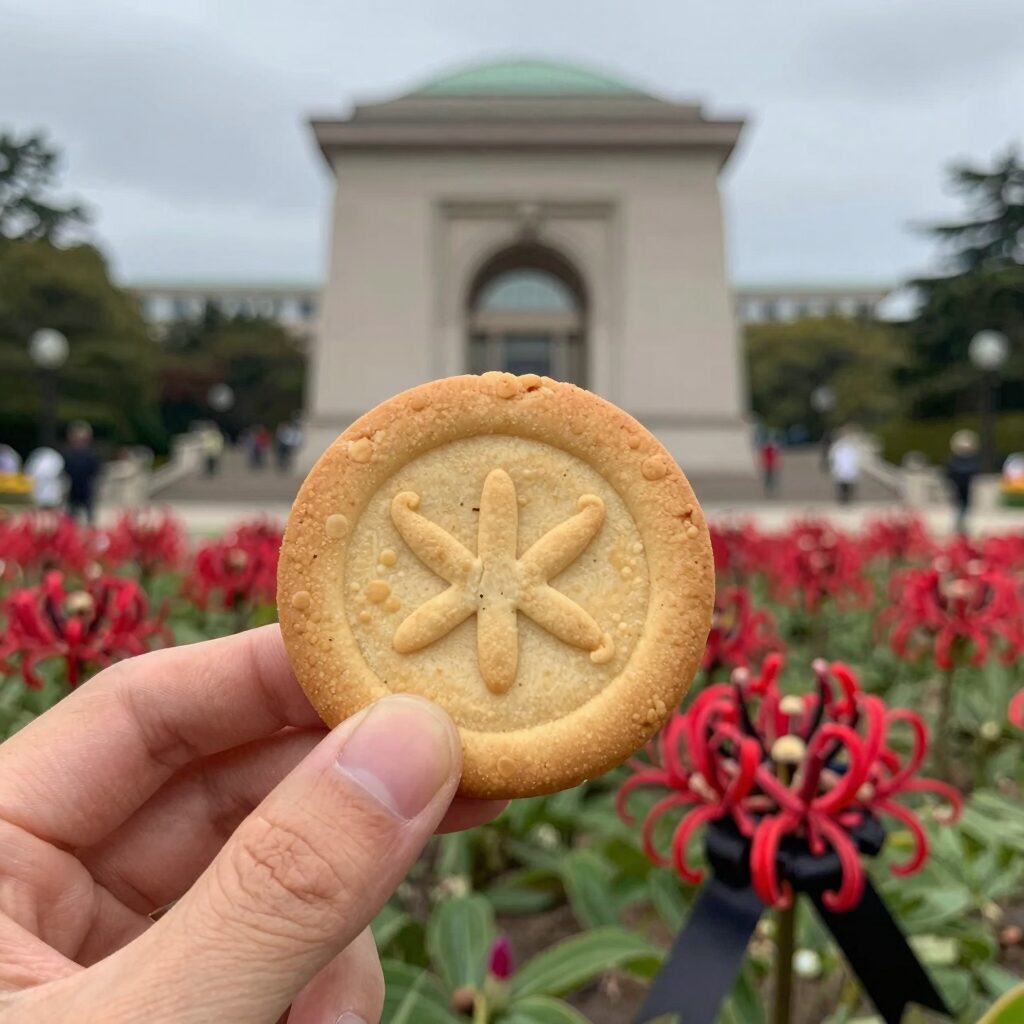 시드니 하이드 파크 안작 메모리얼 앞에서 손에 들고 있는 안작 비스킷과 붉은 양귀비꽃 배지