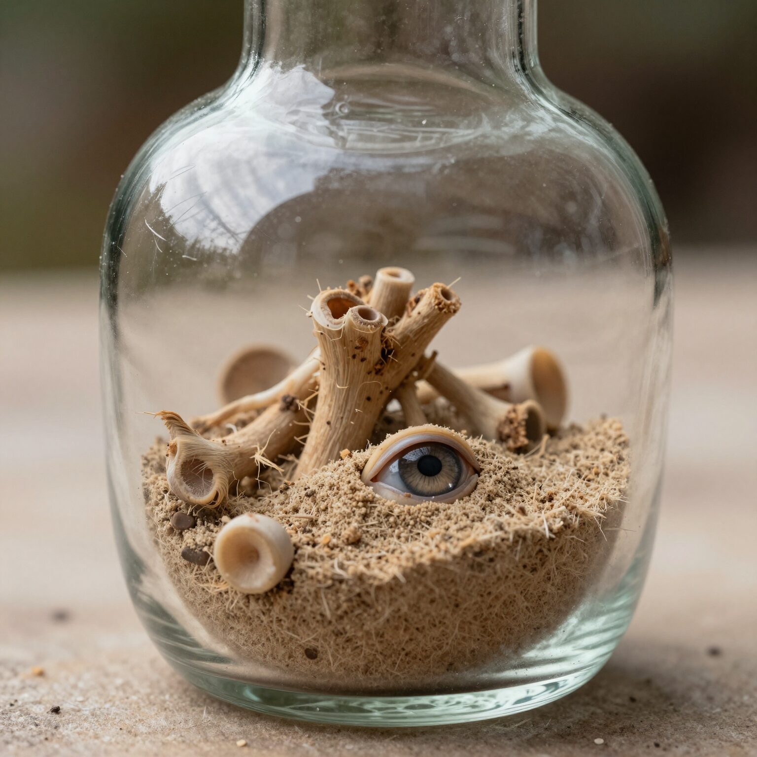 말린 눈개승마 뿌리와 분말이 담긴 유리병