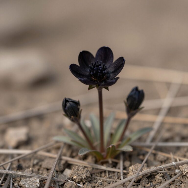 땅에 붙어 핀 검은 자주색 개족도리풀 꽃의 클로즈업 사진