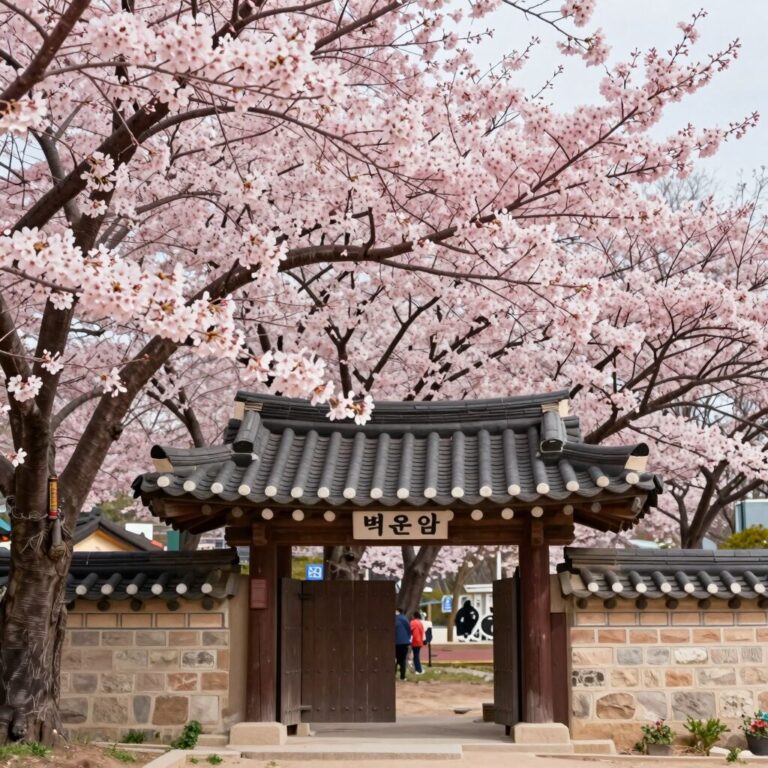 백운암 입구에서 바라본 핑크빛 겹벚꽃 나무와 연산홍 꽃이 함께 핀 봄 풍경