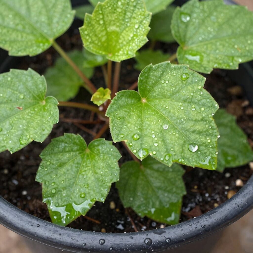 베고니아 잎에 물방울이 맺히지 않도록 주의하며 화분 가장자리에 물을 주는 모습