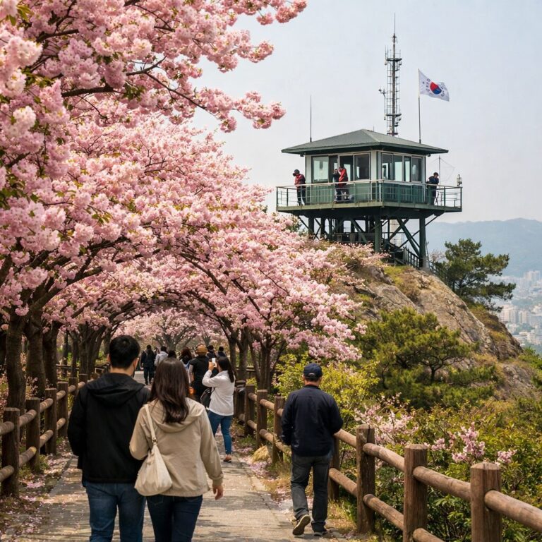 부산 민주공원 겹벚꽃 터널과 산불감시초소 풍경