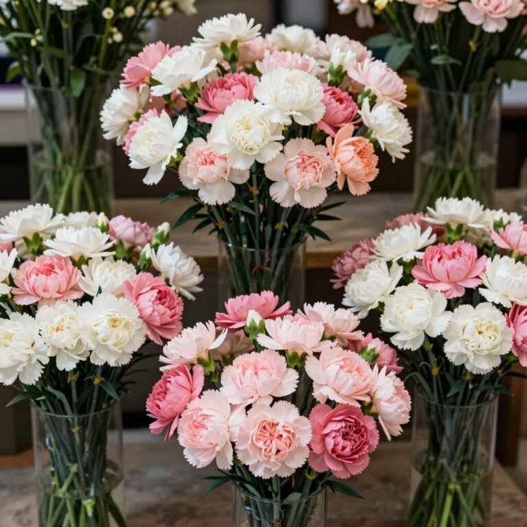 여러 개의 카네이션꽃다발이 정돈되게 나란히 놓여 있는 모습