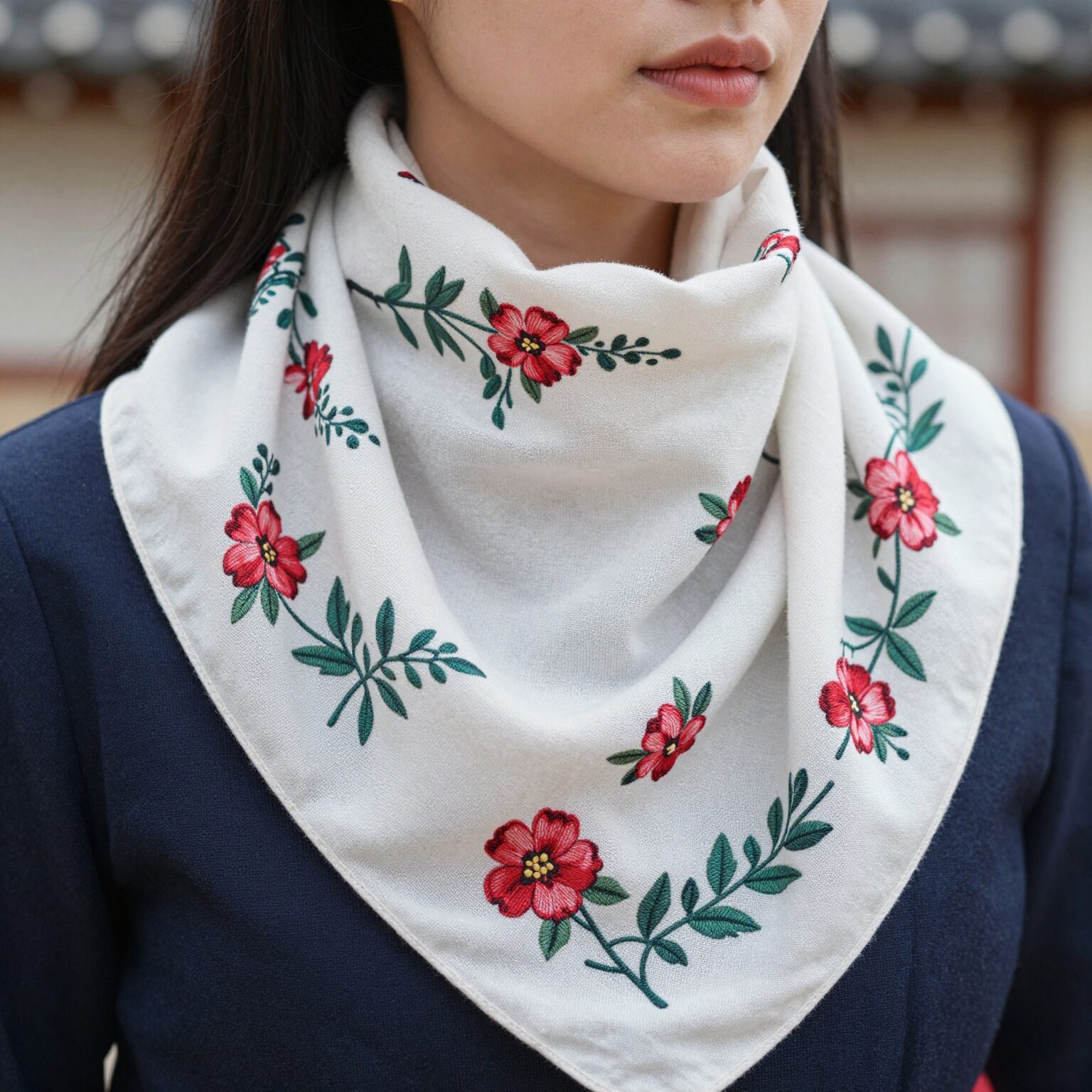 카네이션 무늬가 자수된 여성용 린넨 손수건이 스카프처럼 목에 둘러져 있는 스타일링 사진