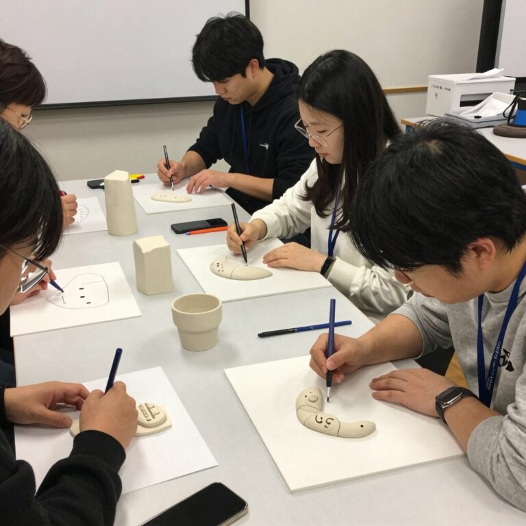 카네이션 석고방향제 단체 수업 현장에서 참가자들이 각자 만든 다양한 작품들을 테이블 위에 모아놓고 사진을 찍는 모습