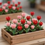 빨간색과 분홍색 카네이션 비누꽃으로 장식된 우드톤 플라워박스