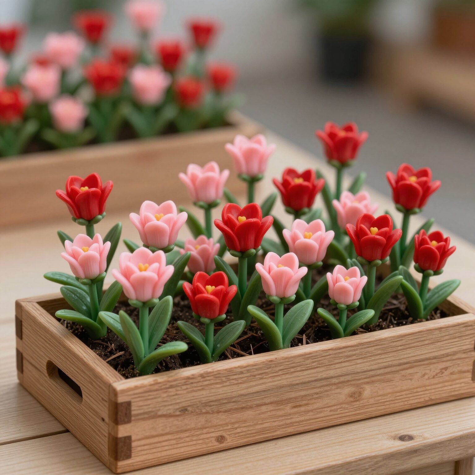 빨간색과 분홍색 카네이션 비누꽃으로 장식된 우드톤 플라워박스, 투명 뚜껑이 덮여 있고 옆에 감사 카드가 놓여 있음