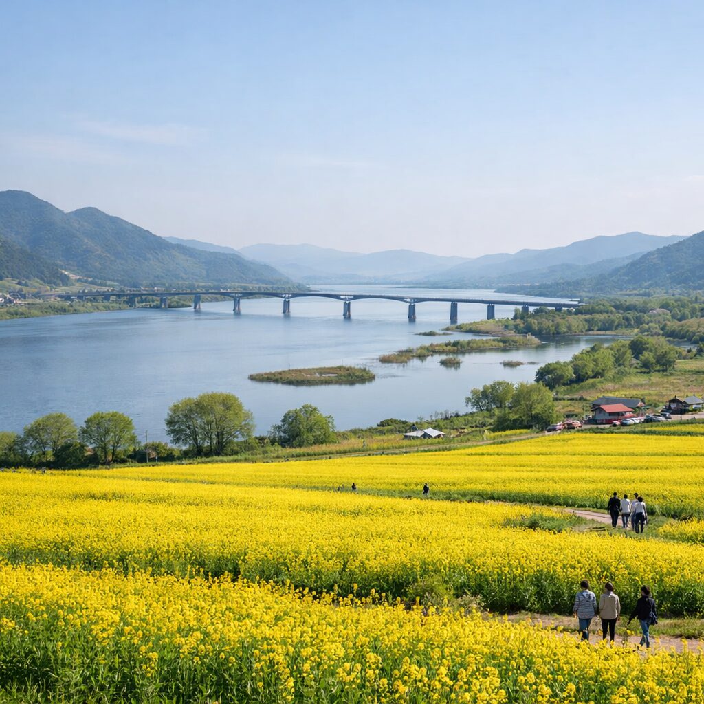 창녕 남지 유채꽃밭과 낙동강이 함께 보이는 넓은 풍경 사진