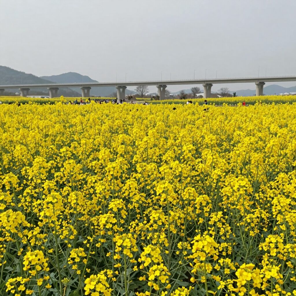 창녕 남지유채밭의 넓게 펼쳐진 노란 유채꽃과 멀리 보이는 남지철교 풍경