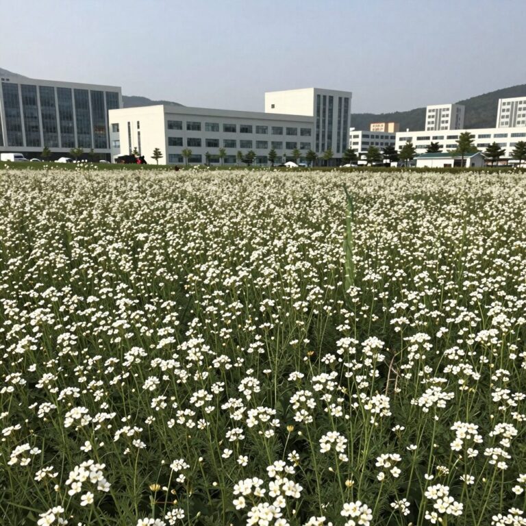 창원 농업기술센터 앞 넓은 유채꽃밭과 뒤편의 도시 건물들