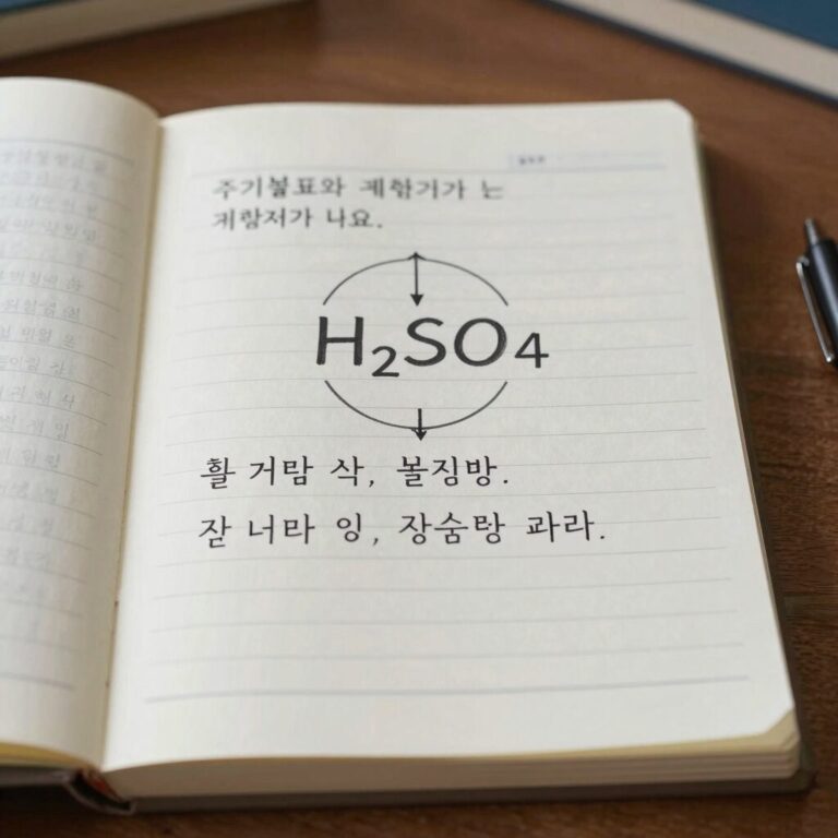 주기율표와 계산기가 있는 책상 위에서 황산 H2SO4 몰질량 계산 과정이 적힌 노트