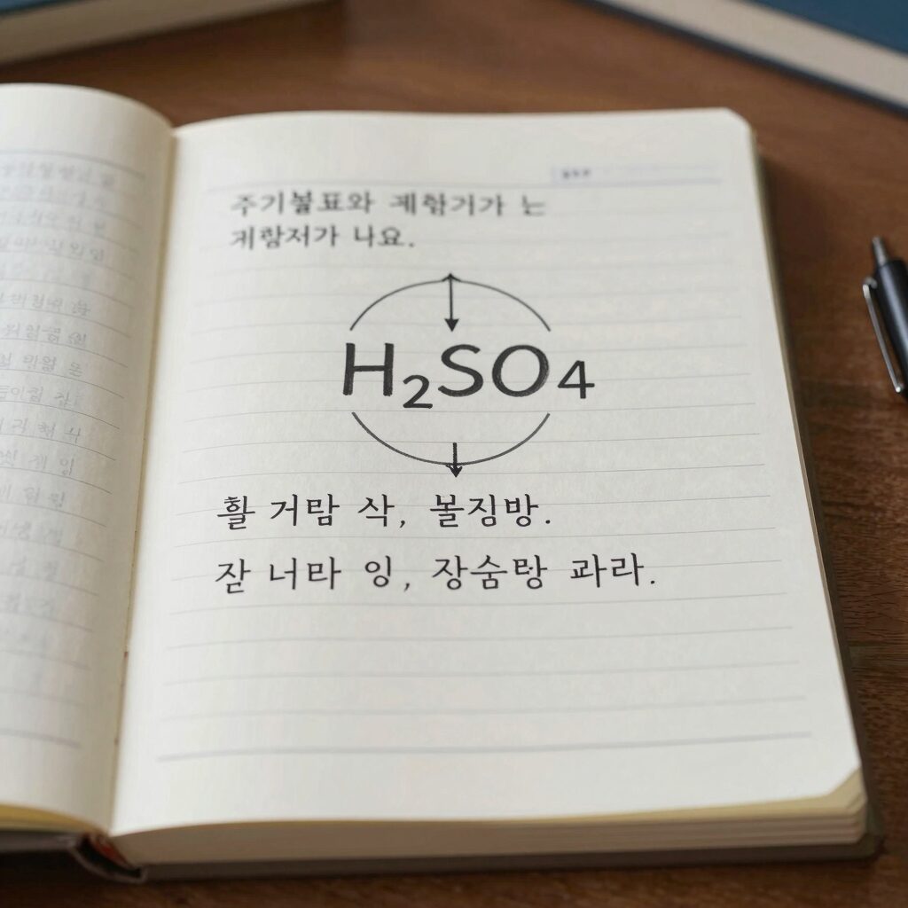 주기율표와 계산기가 있는 책상 위에서 황산 H2SO4 몰질량 계산 과정이 적힌 노트