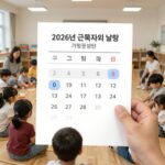2026년 근로자의 날을 앞두고 어린이집 가정통신문과 휴무 공지를 확인하는 모습을 상징하는 이미지
