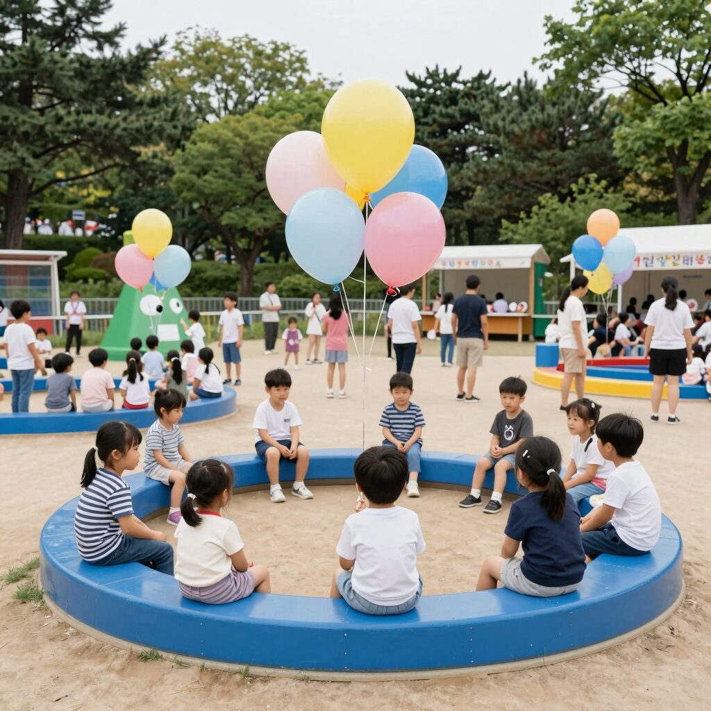 서울 어린이대공원에서 열리는 어린이날 행사 풍경, 아이들이 풍선과 놀이기구를 즐기는 모습