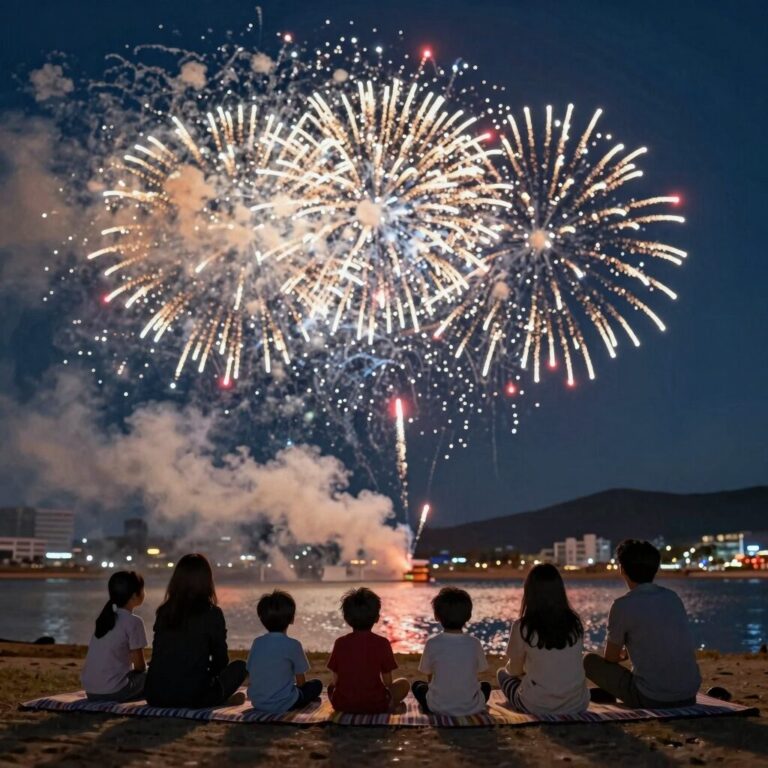 어린이날 밤 하늘을 수놓는 화려한 불꽃과 가족들이 돗자리에 앉아 감상하는 모습