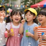 유치원 어린이날 행사 준비와 추억 만들기 유치원 어린이날 행사에서 친구들과 비눗방울을 불며 웃고 있는 아이들