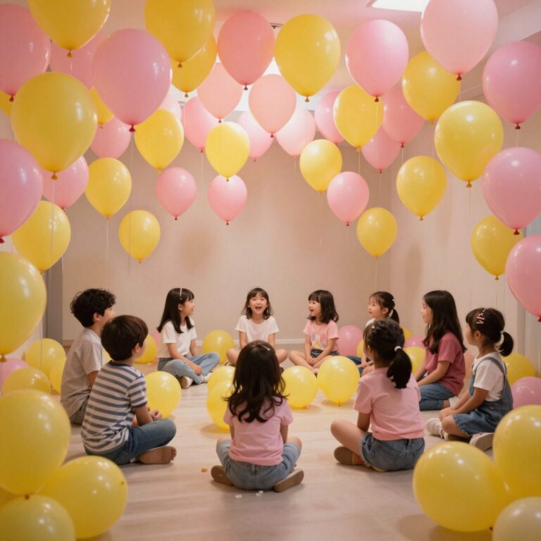 핑크와 옐로우 풍선으로 꾸며진 밝고 경쾌한 어린이날 포토존, 아이들이 즐겁게 사진을 찍고 있음