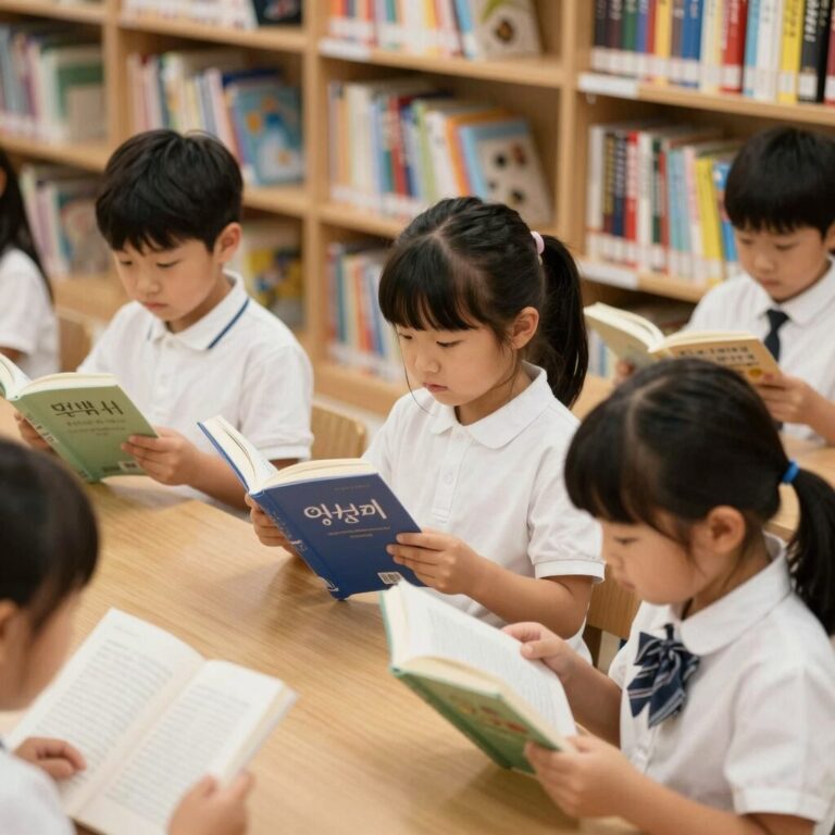 어린이 도서관에서 아이들이 책을 읽고 있는 모습