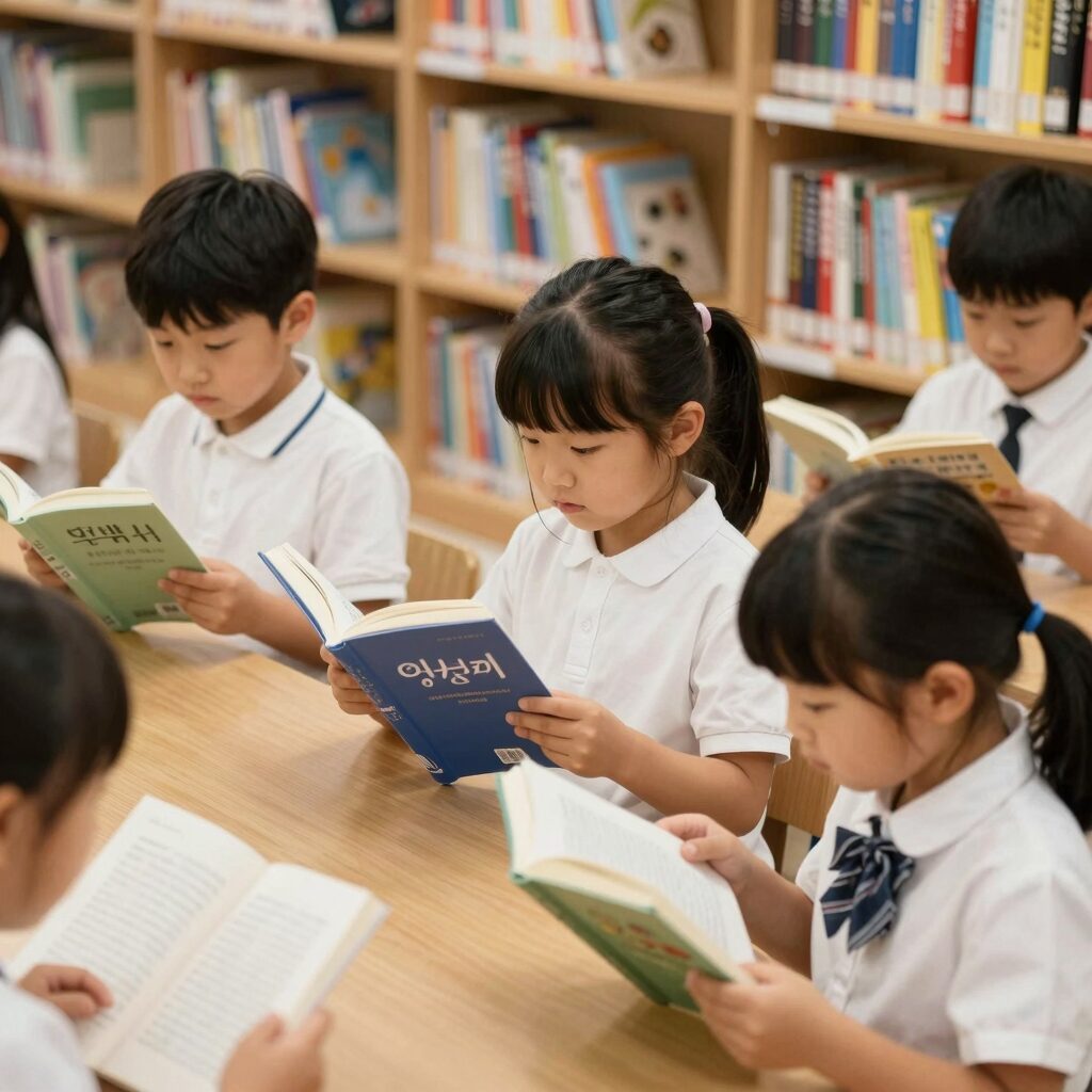 어린이 도서관에서 아이들이 책을 읽고 있는 모습