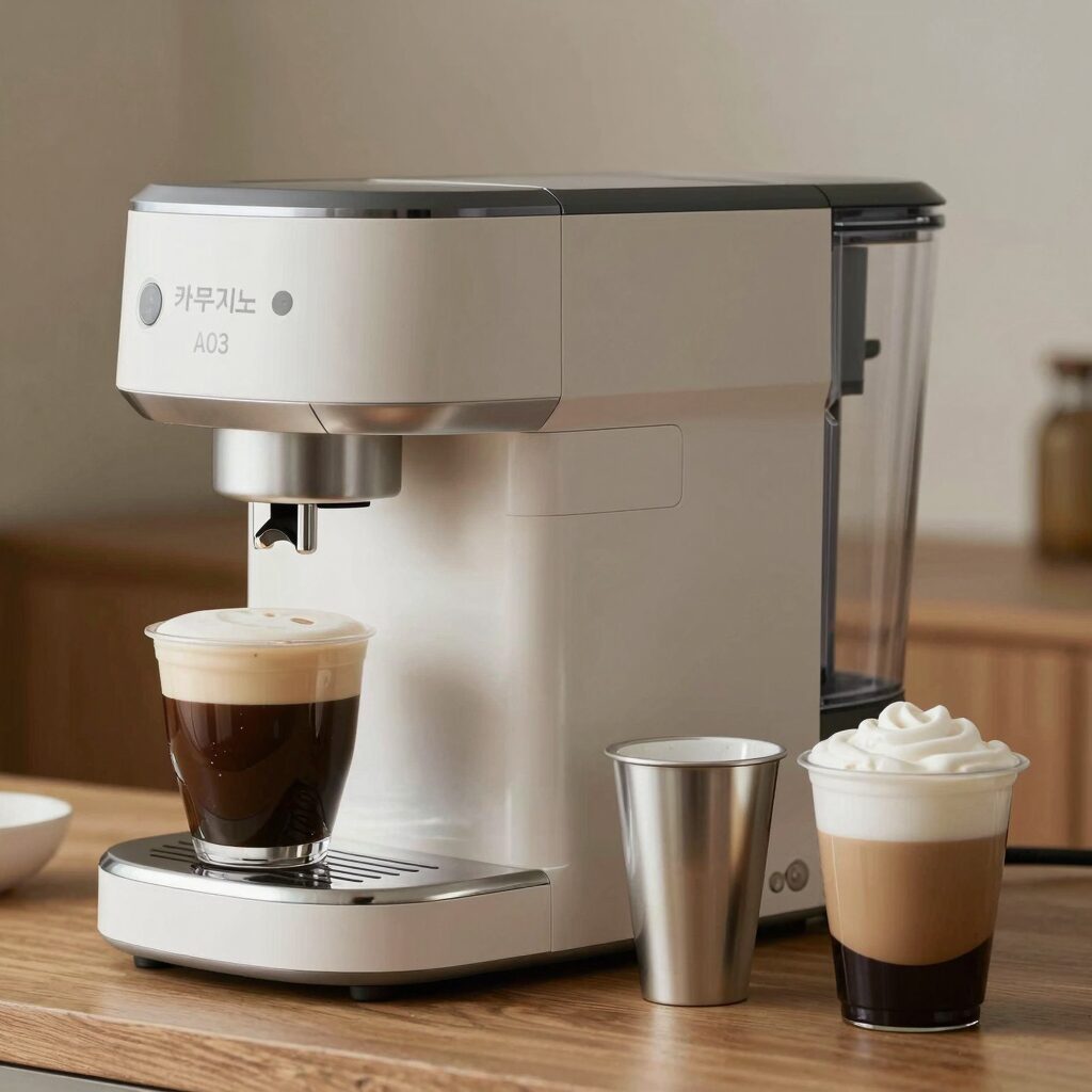 아르떼 카푸치노 A03 멀티캡슐머신의 4가지 어댑터를 나란히 배열한 모습, 다양한 캡슐 호환성을 보여줌