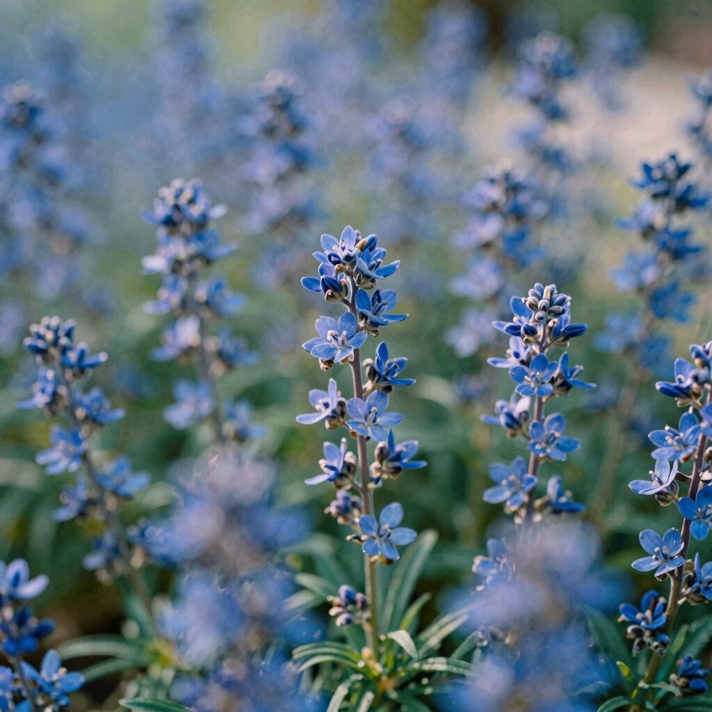 푸른 수레국화가 활짝 핀 정원 풍경, 푸른 꽃잎이 햇빛에 반짝인다