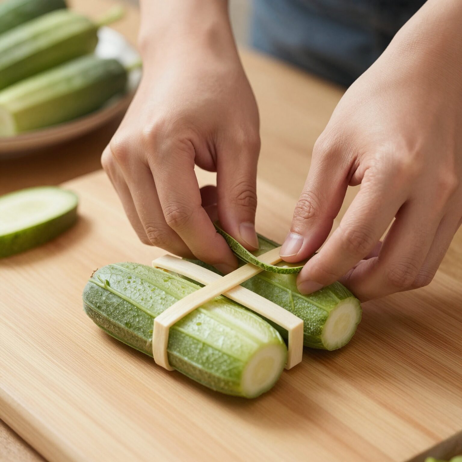 오이소박이를 만들기 위해 오이를 4등분 하고 십자 칼집을 넣는 손질 과정 사진