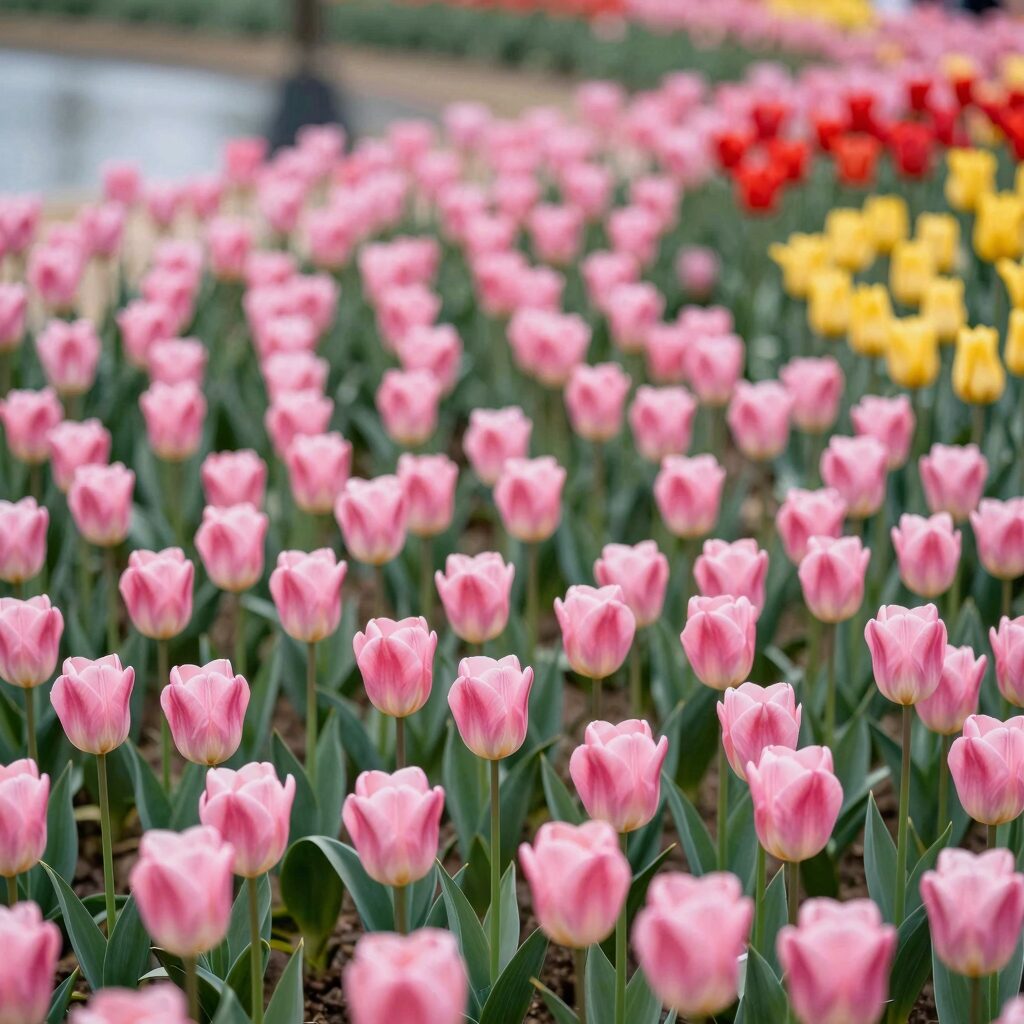 대구 옥연지 송해공원 푸른 저수지를 배경으로 핑크, 빨강, 노랑 튤립이 만발한 모습