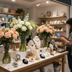 다이소 카네이션 생화와 조화, 브로치 등이 진열된 매장 전경