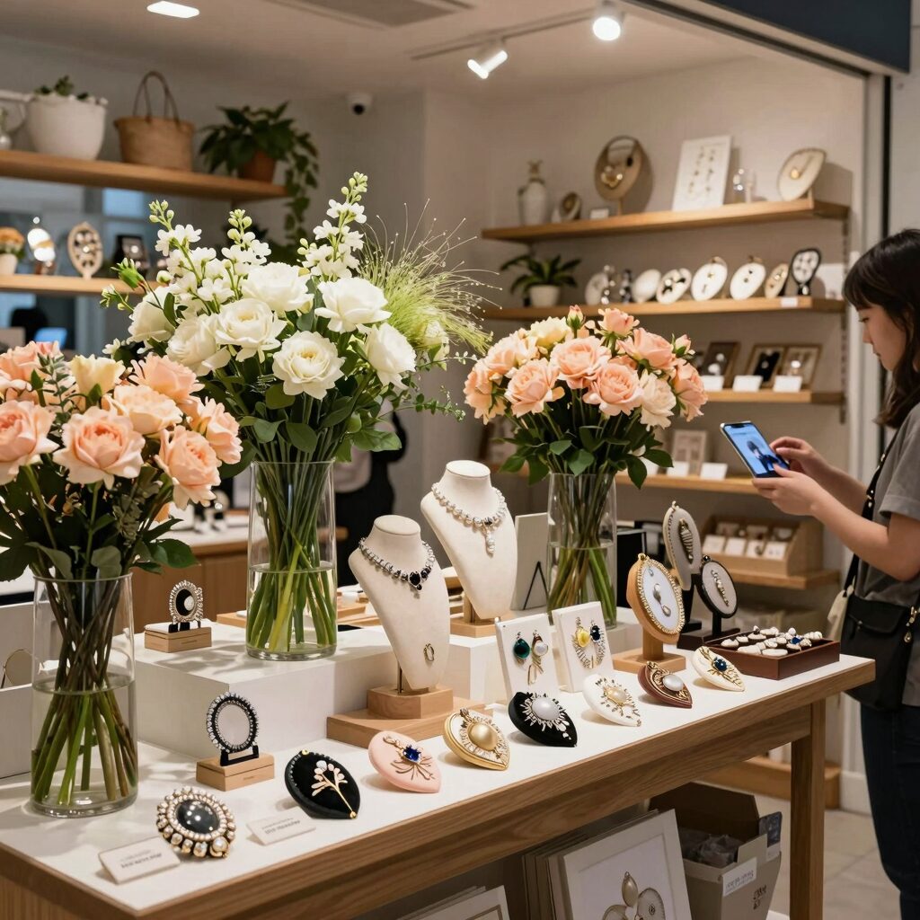 다이소 카네이션 생화와 조화, 브로치 등이 진열된 매장 전경